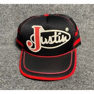 NWT Vintage Justin Boots Mesh Trucker Hat Snapback Western Cowboy Black Red